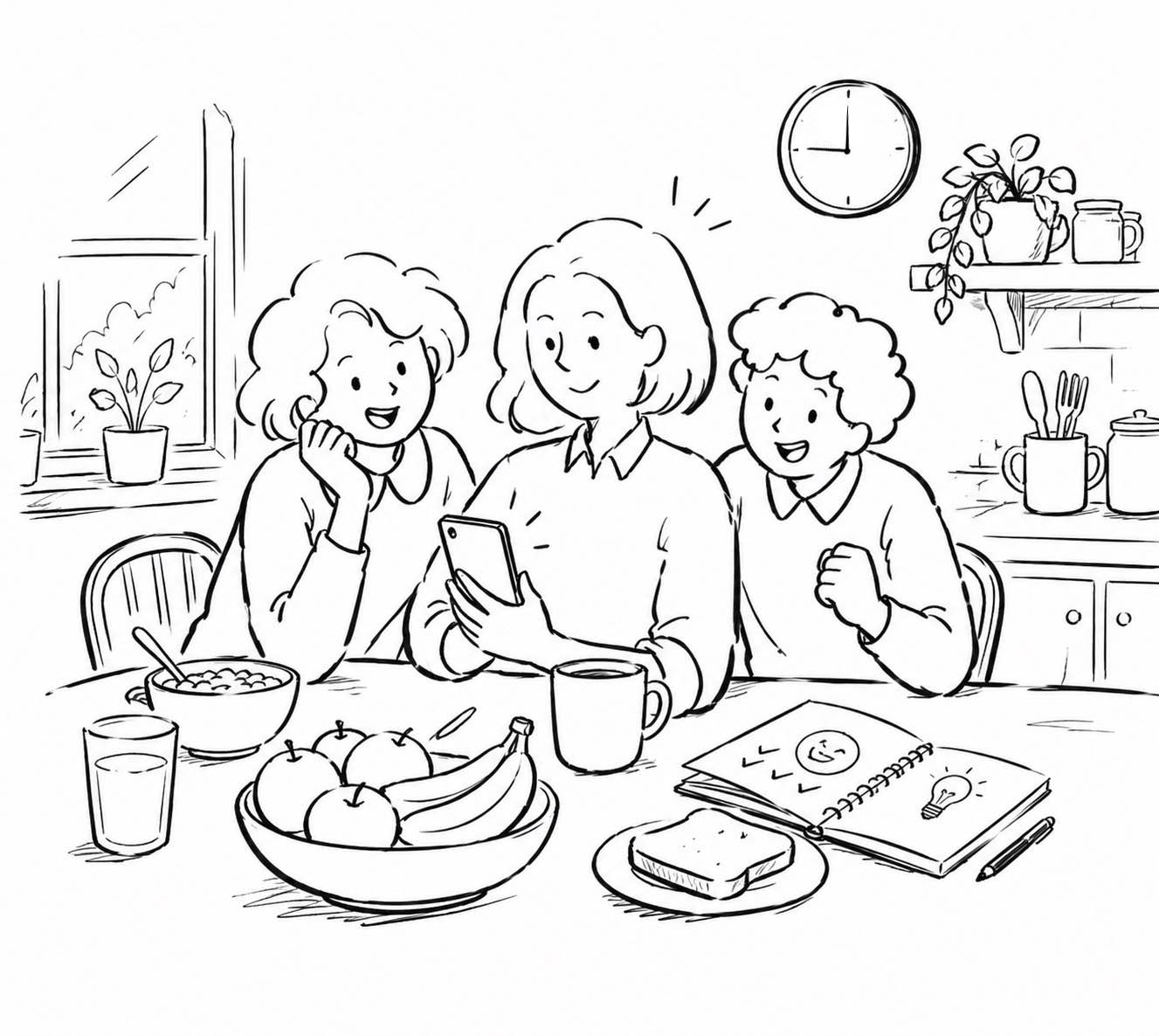 Ellie and her children checking the app at breakfast