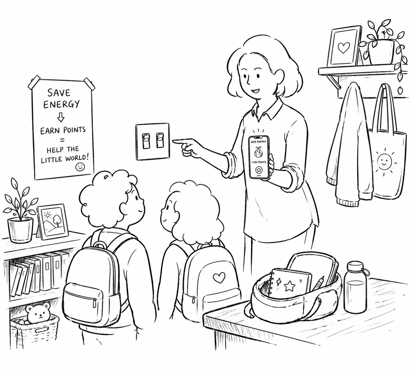 Ellie linking light-switch habits to app points with the kids