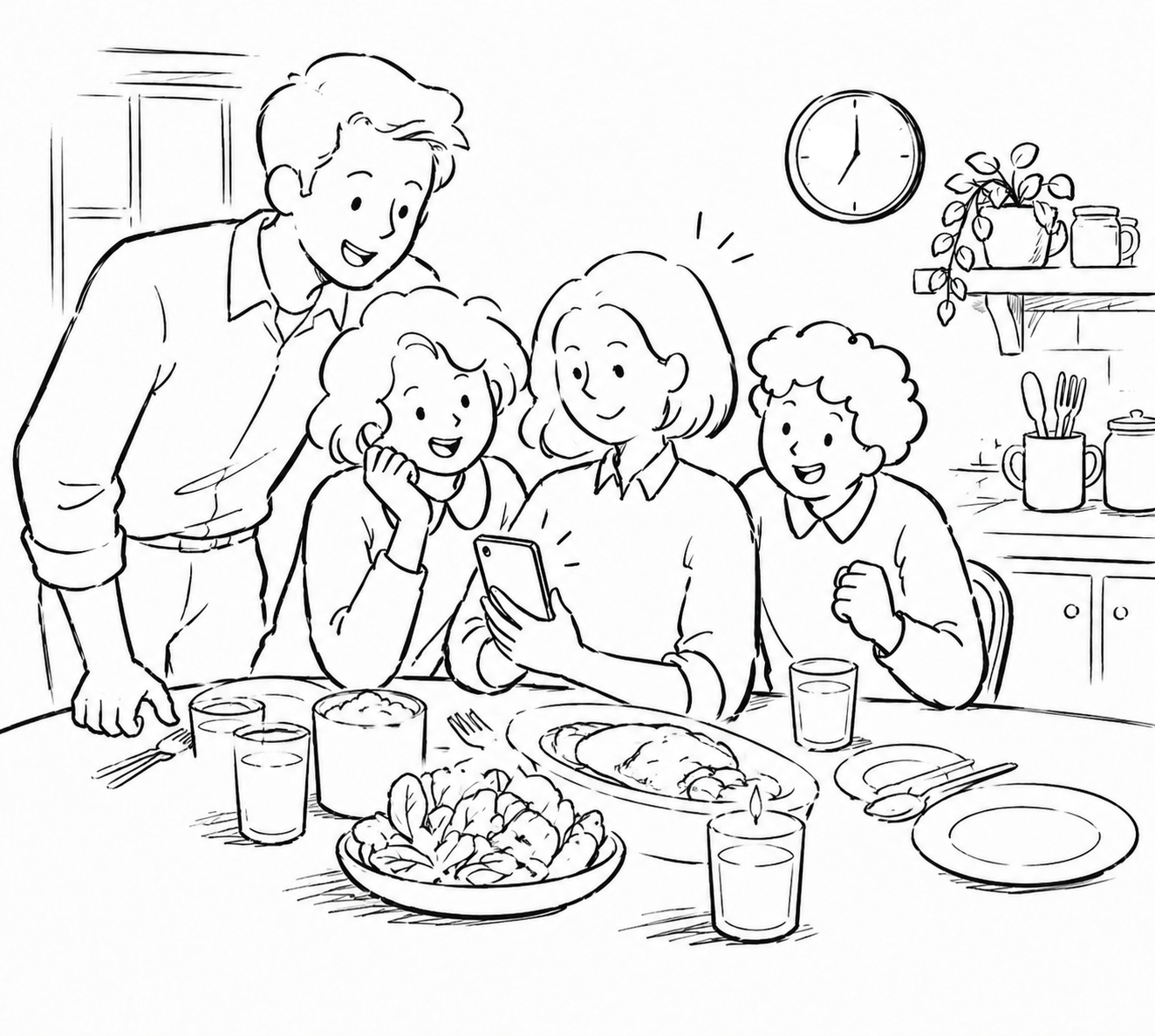 The family at dinner by candlelight, viewing energy savings on the app