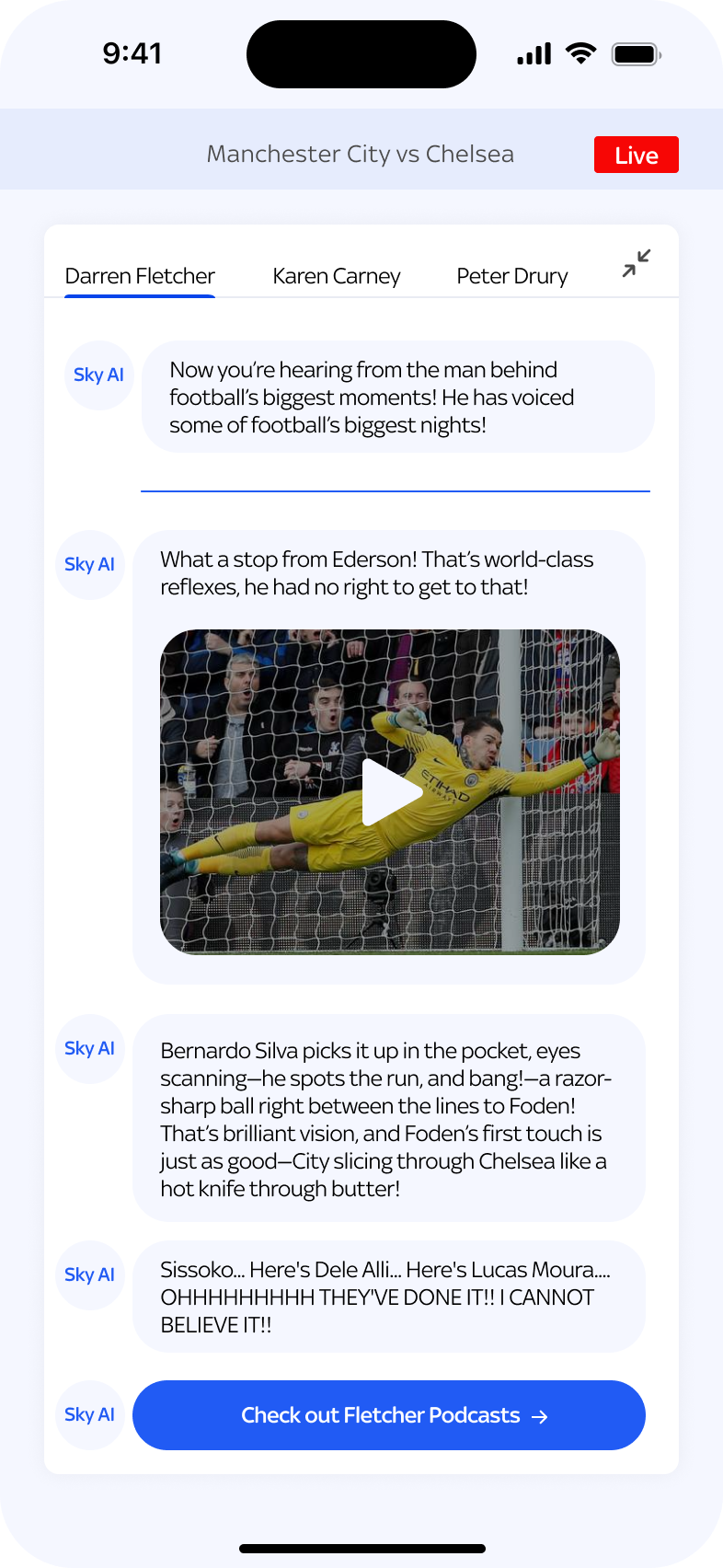 AI commentary screen with selectable commentator styles